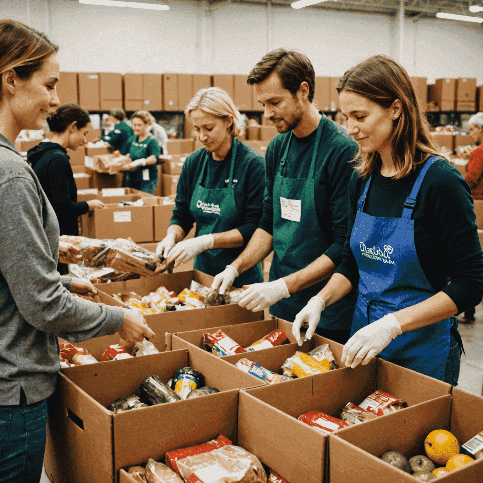 Voluntari ajutând la o bancă de alimente locală, sortând cutii cu alimente donate