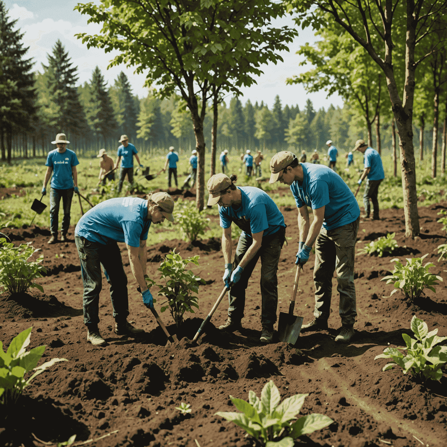 Imagine cu voluntari plantând copaci într-o zonă defrișată, cu unelte de grădinărit și puieți