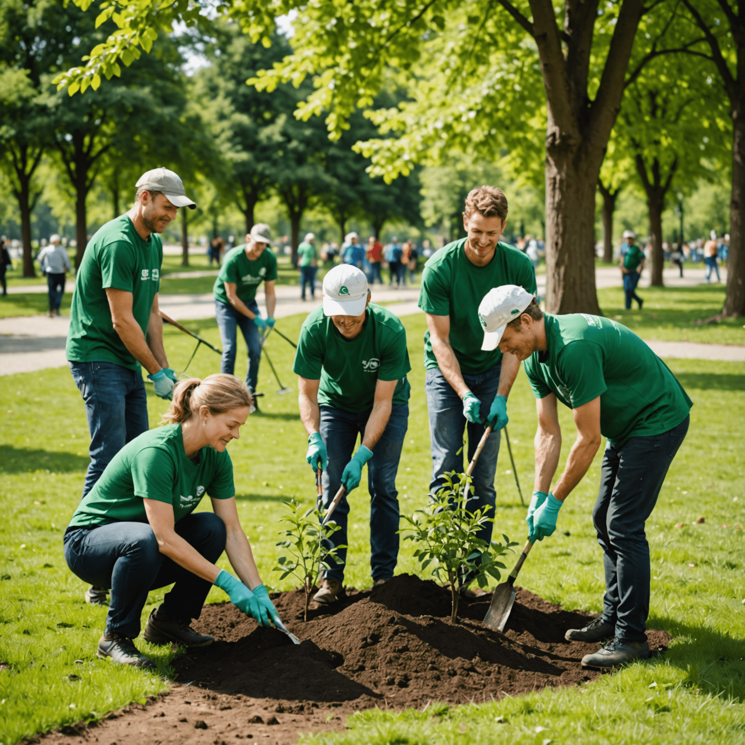 Voluntari plantând copaci într-un parc local, lucrând împreună pentru a îmbunătăți mediul