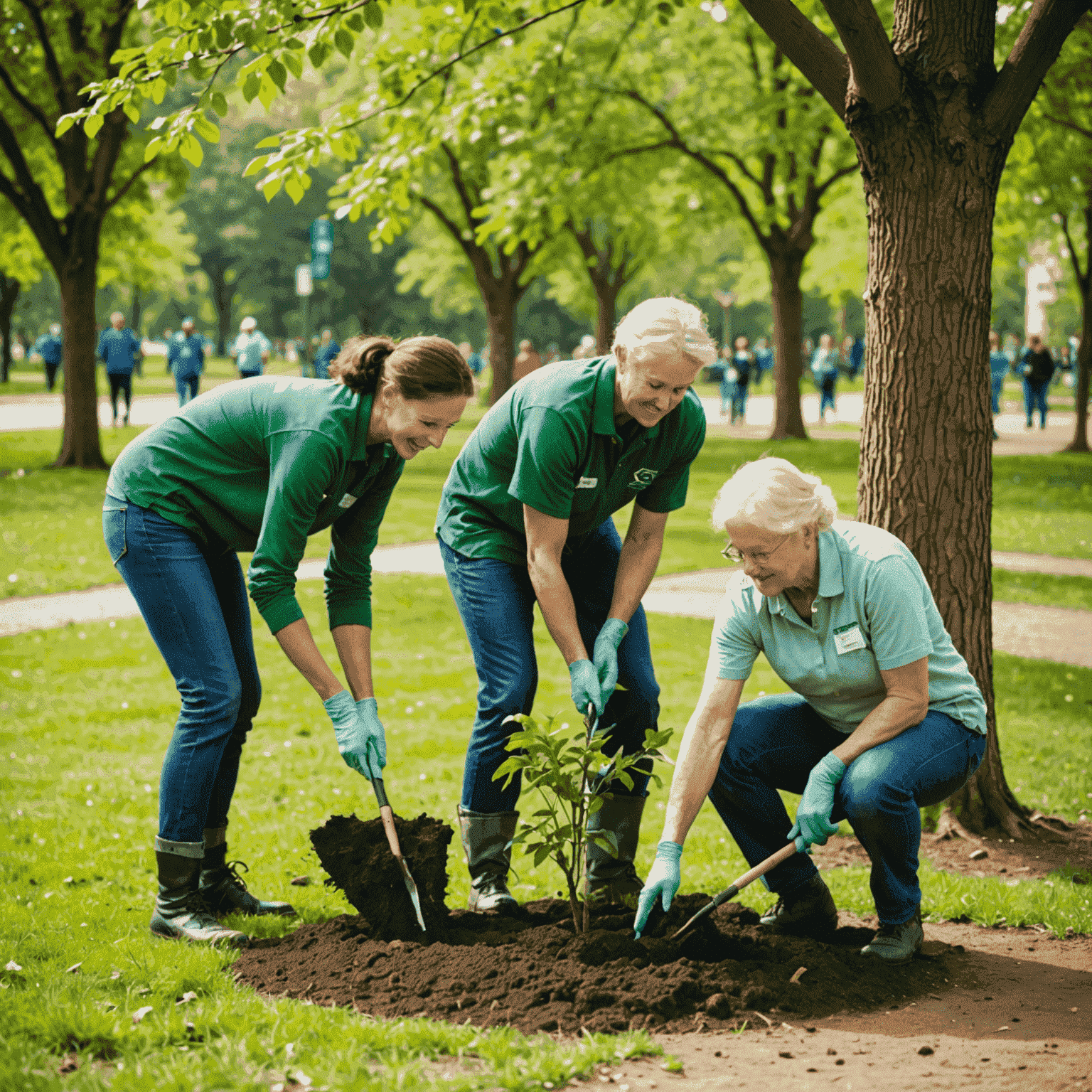 Voluntari plantând copaci într-un parc local, promovând sustenabilitatea mediului